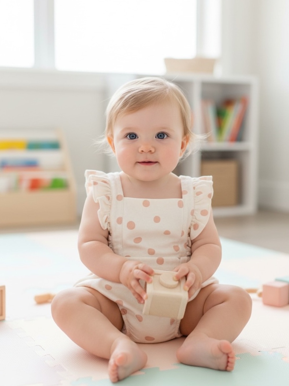 ZARA Cream Baby Romper with Peach Pink Polka Dots Soft Ruffle Straps Size 3-6 Mo